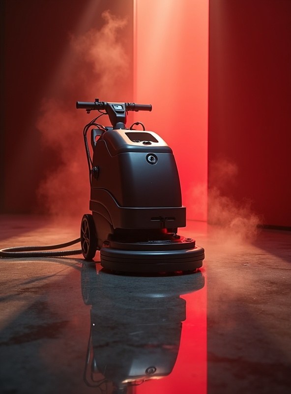 Floor scrubber machine cleaning a polished floor